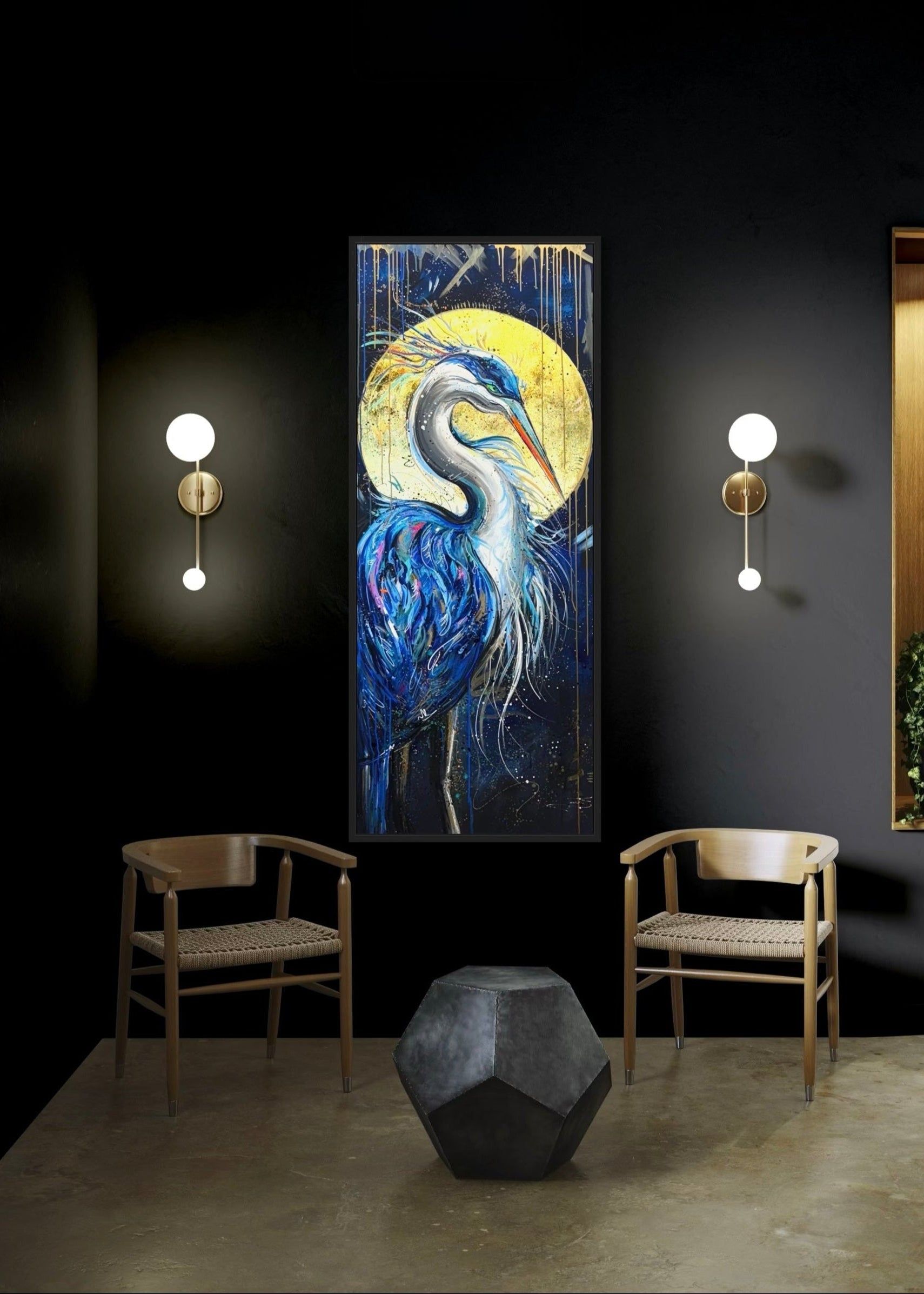 Modern interior with a large abstract painting of a blue heron, two chairs, and a geometric sculpture.